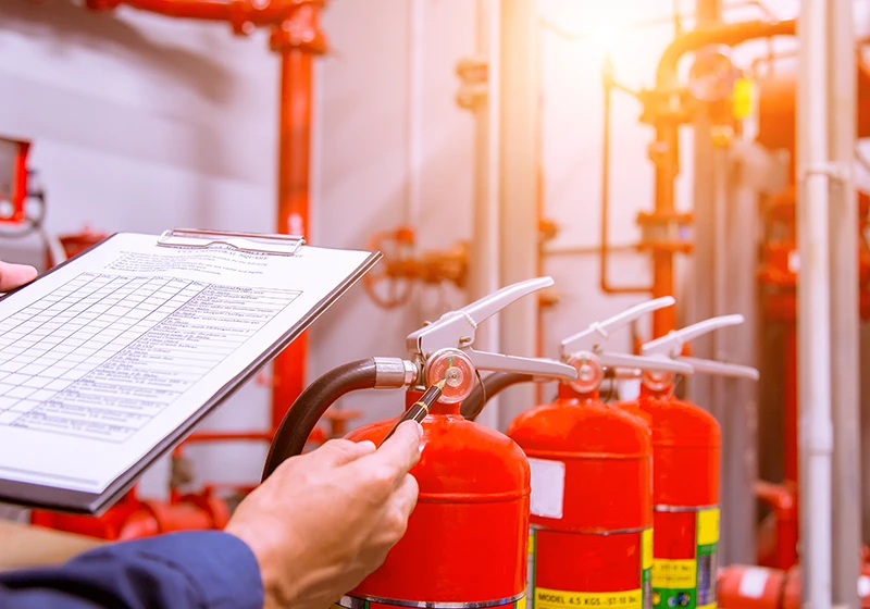 A fire inspector evaluating fire extinguishers