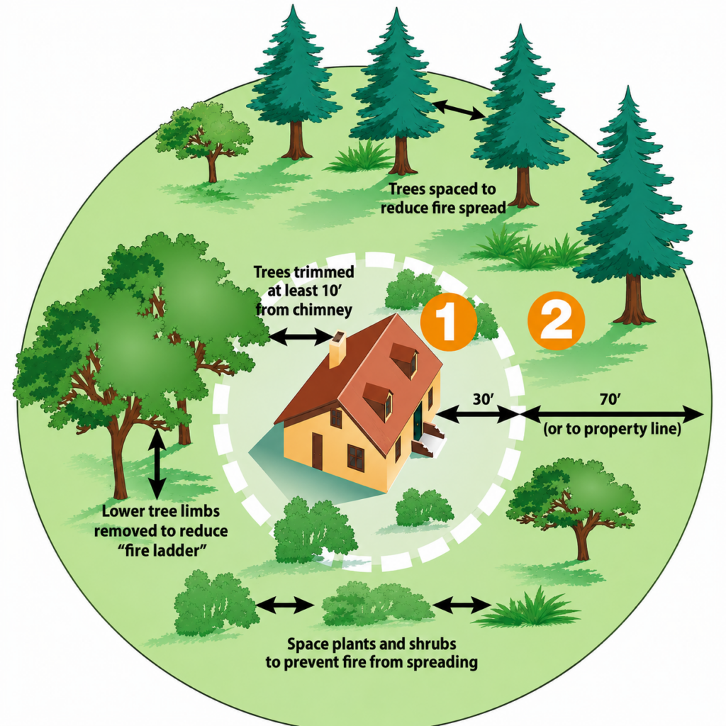home-fire-zone-reference Diagram of defensible space zones around a home for wildfire protection. Zone 1 (0–30 feet from the house): trees trimmed at least 10 feet from the chimney, lower tree limbs removed to reduce 'fire ladder' effect, and plants/shrubs spaced apart to prevent fire spread. Zone 2 (30–70 feet, or to the property line): trees spaced apart to reduce fire spread. Illustration shows a house surrounded by concentric zones with trees, shrubs, and grass, labeled with arrows indicating recommended spacing distances.